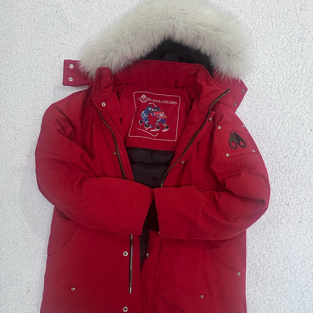 Moose Knuckles Red Parka with Fur Trim